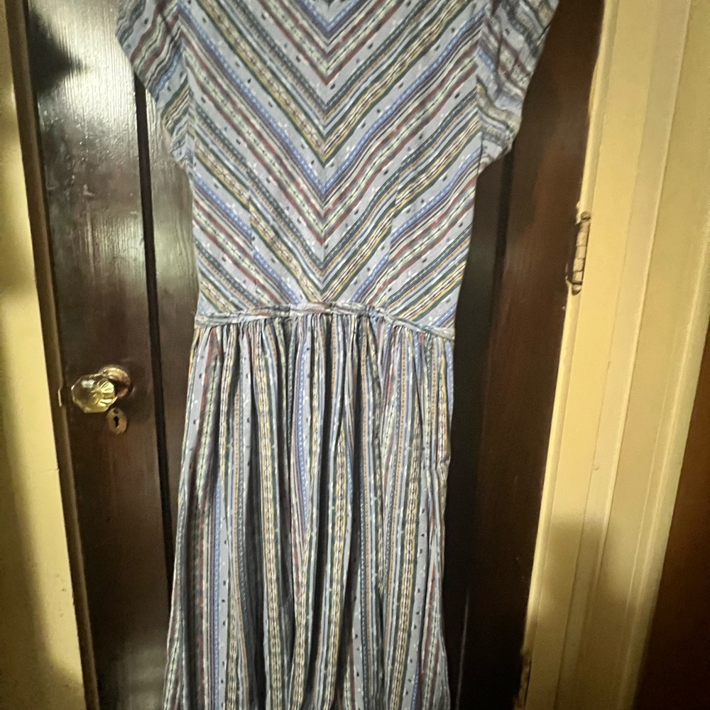 eShakti Blue and Multicolored Striped Shirtwaist Dress